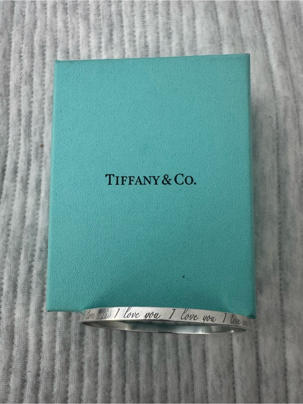 Tiffany & Co. Sterling Silver 'I love you' Engraved Bangle with Blue Box